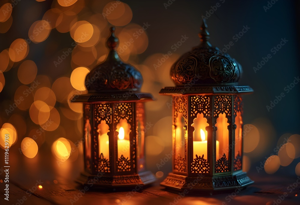Arabic Lantern with Glowing Candle for Ramadan Kareem Arabic Lantern with Glowing Candle for Ramadan Kareem