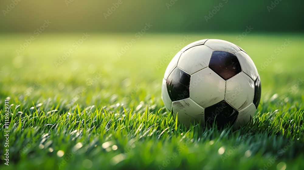 Soccer ball on lush green grass in sunlit field, perfect for outdoor sports themes Soccer ball on lush green grass in sunlit field, perfect for outdoor sports themes