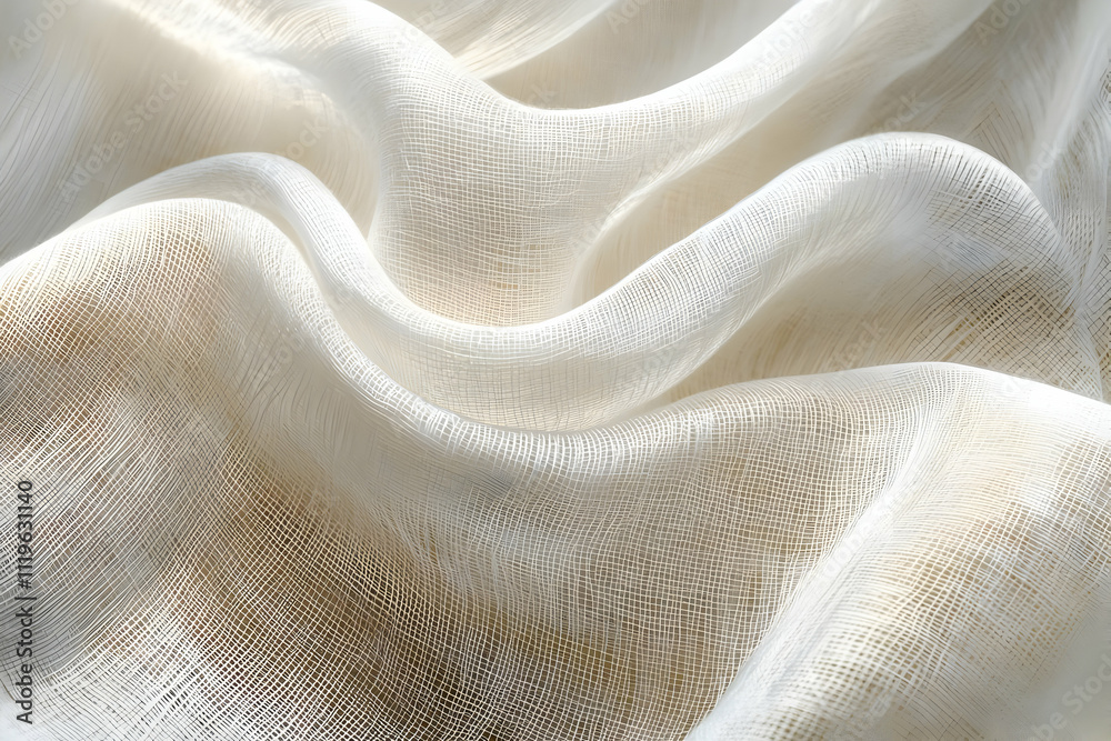 Textured Fabric Waves: Soft, Elegant Drape, White Sheer Grid Design Textured Fabric Waves: Soft, Elegant Drape, White Sheer Grid Design