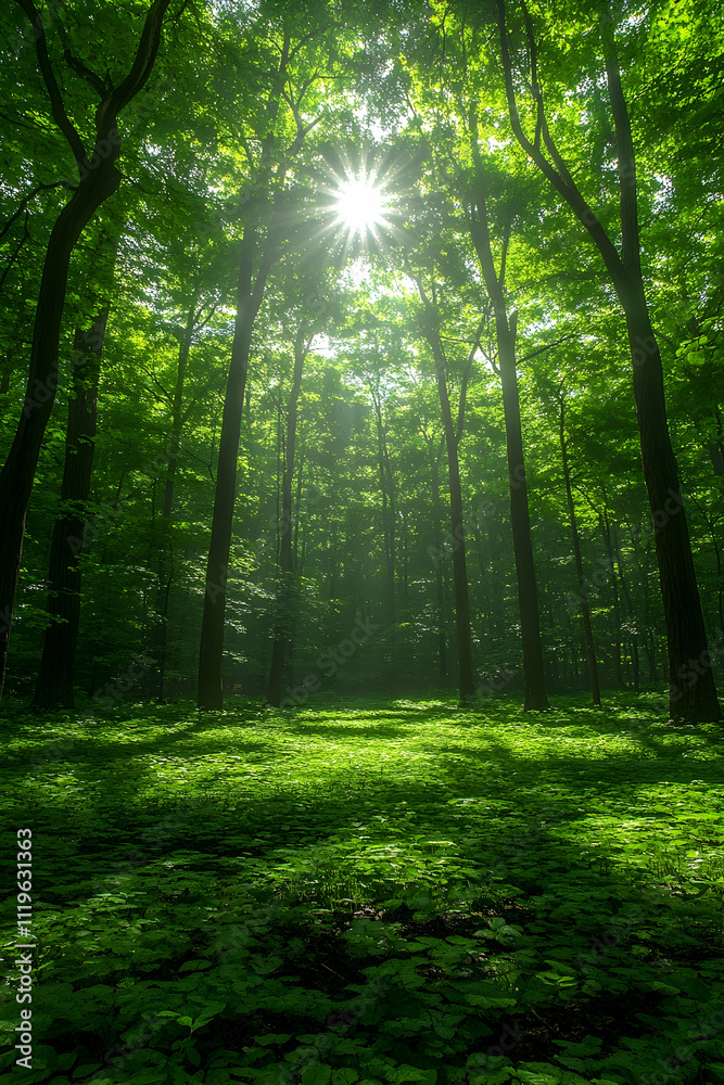 Obraz premium Sunbeams illuminating lush green forest floor.