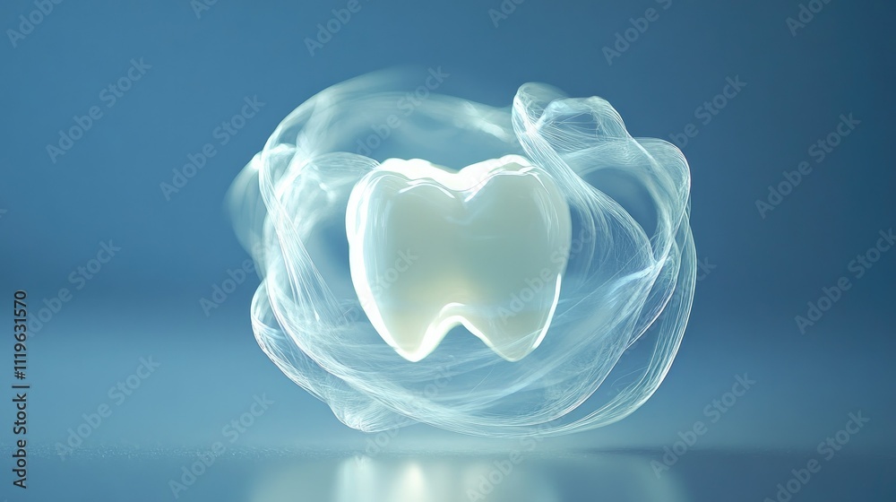 A single white tooth glowing with soft light, encapsulated in transparent energy rings, on a clean and modern blue backdrop A single white tooth glowing with soft light, encapsulated in transparent energy rings, on a clean and modern blue backdrop