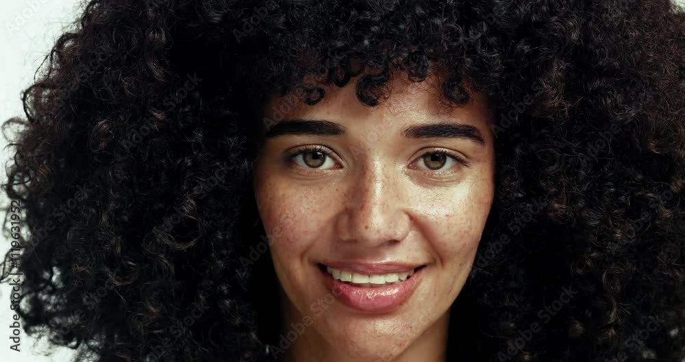 Face, smile with woman with afro haircare, growth and healthy shine with cosmetics for natural hairstyle. Texture, curls and portrait of happy girl with confidence, hair wellness and care for style. Face, smile with woman with afro haircare, growth and healthy shine with cosmetics for natural hairstyle. Texture, curls and portrait of happy girl with confidence, hair wellness and care for style.