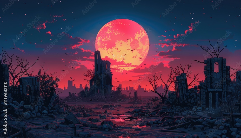 Naklejka premium Crimson Moon Over Desolate Ruins And Cityscape
