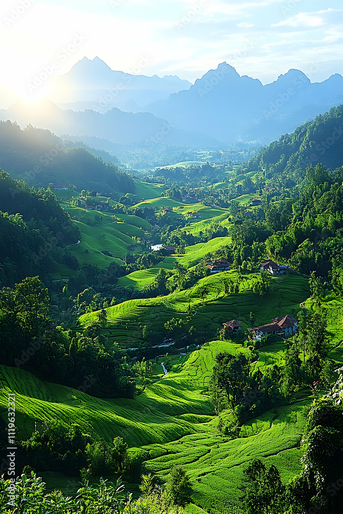 Fototapeta premium Sunlit valley landscape with lush green terraced hills and distant mountains.