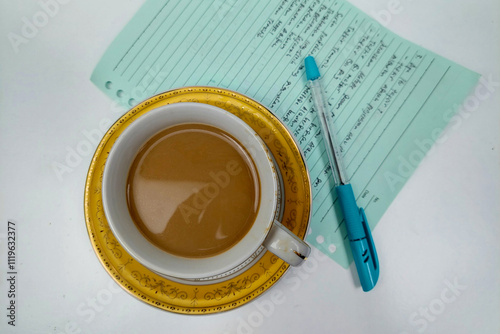 coffee with milk, pen and notepad on a white table