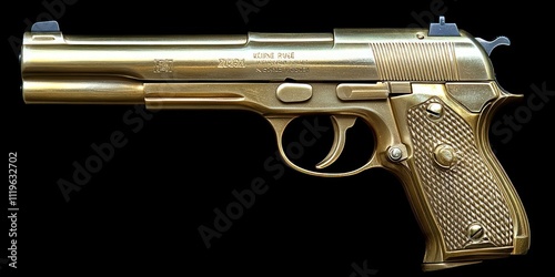 A gold-plated handgun with a textured grip is displayed against a dark background photo