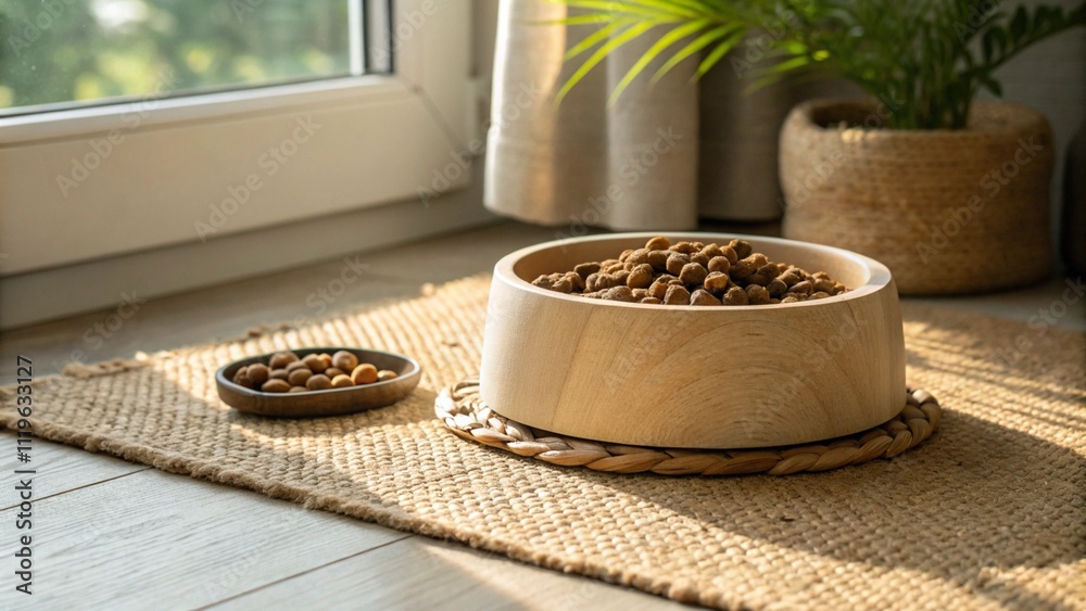 A set of wooden pet bowls filled with kibble, placed on a woven mat near a window, with natural decor elements.
A set of wooden pet bowls filled with kibble, placed on a woven mat near a window, with natural decor elements.