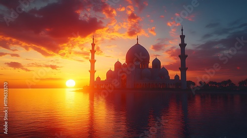 Majestic mosque silhouette at sunset, reflected in calm water. photo