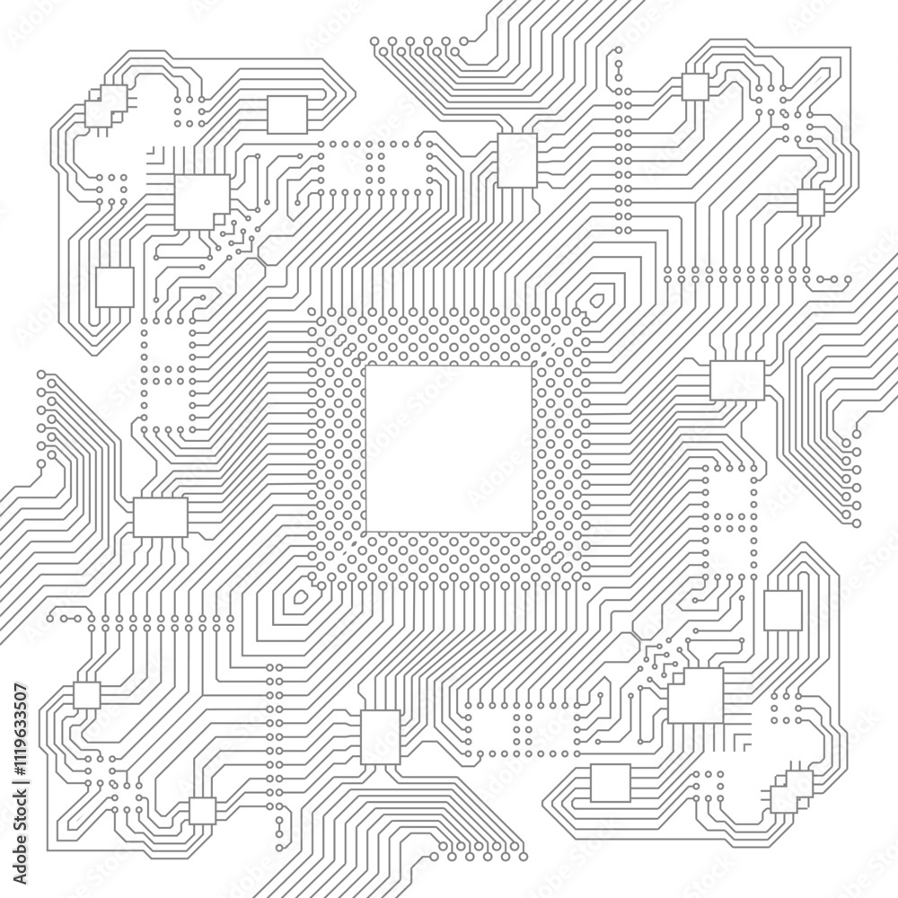Futuristic circuit board line art. Electronic connections and modern technology.
