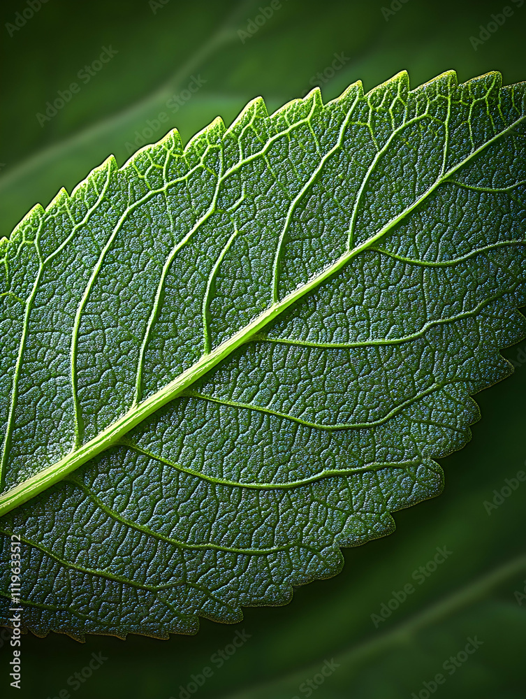 Fototapeta premium Close-up of a single green leaf showing intricate vein details.