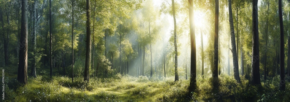 Fototapeta premium Sunbeams illuminating a misty forest.