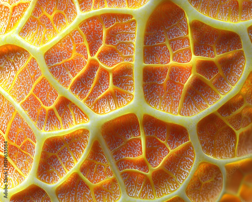 Close-up of intricate, orange and yellow organic cellular structure. Close-up of intricate, orange and yellow organic cellular structure.