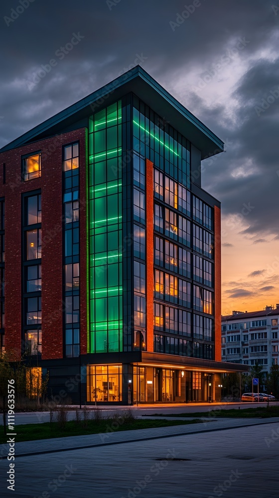 Obraz premium A modern office building with red brick walls and glass windows.