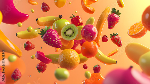 Vibrant and colorful fruits in motion, dynamic fresh appeal