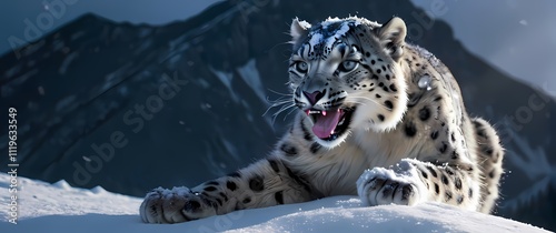 A snow leopard licking its paw its fur speckled with fresh snowflakes set against a mountain slope photo