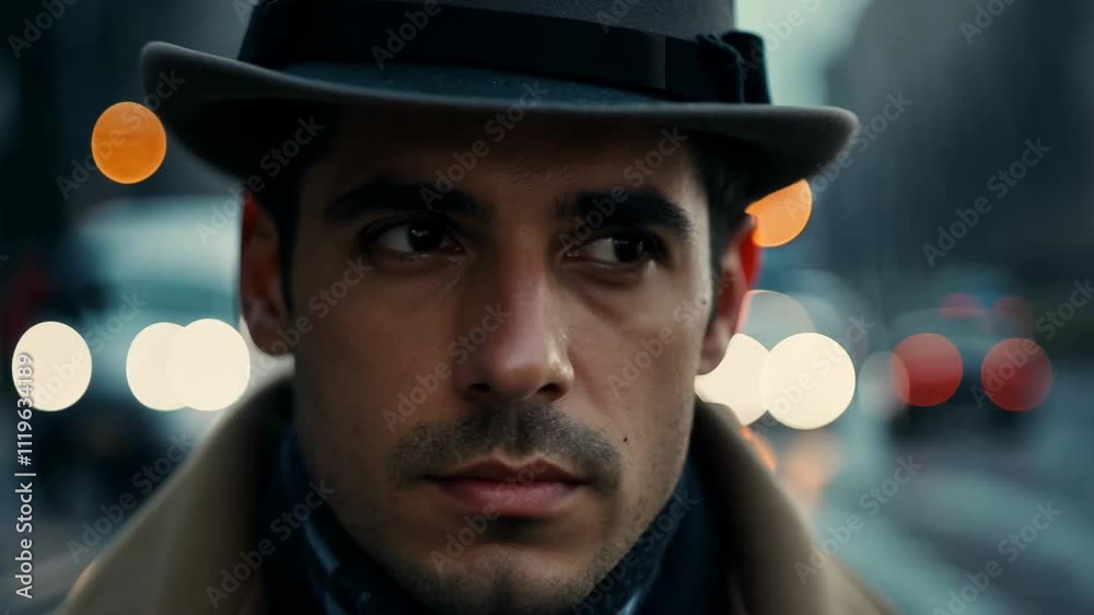 Intense city stroll: man in hat with blurred urban lights Intense city stroll: man in hat with blurred urban lights