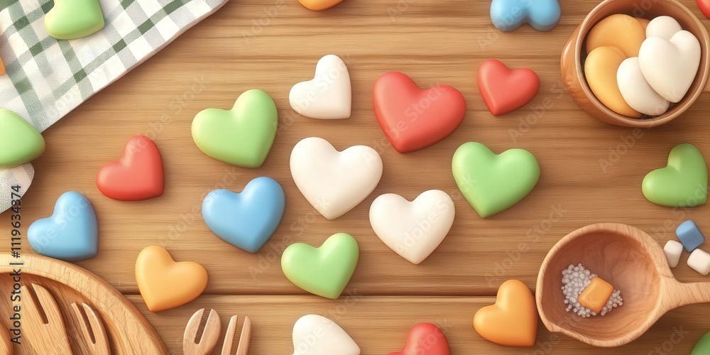 Fototapeta premium Freshly Baked Heart-Shaped Cookies Laid Flat on Wooden Table Surrounded by Colorful Sprinkles and Kitchen Utensils Perfect for Sweet Treats Photography