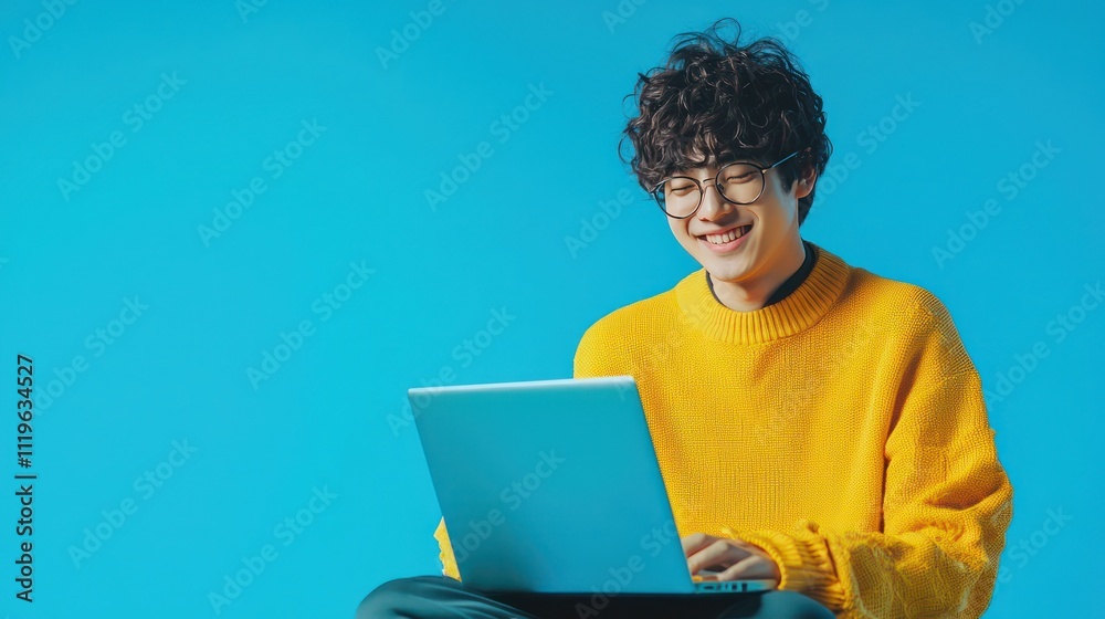 A cheerful student engaging in online learning on a laptop against a vibrant blue backdrop. A cheerful student engaging in online learning on a laptop against a vibrant blue backdrop.