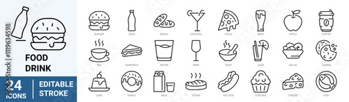 Food and drinks line web icons. Restaurant, Fast food. Burger, donut, pizza, ice cream, coffee. Editable stroke.