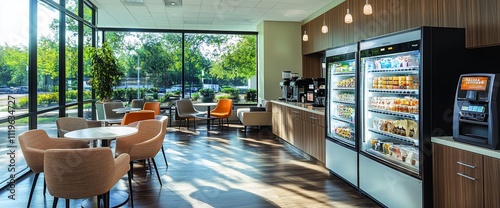 Modern office break room with large windows, comfortable seating, and a well-stocked snack and beverage area. photo