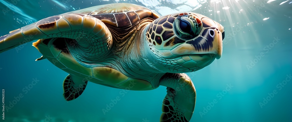 Obraz premium A sea turtles face emerging from turquoise water with bubbles and ripples creating texture