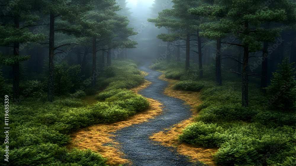 Obraz premium Misty forest path winding through lush greenery.