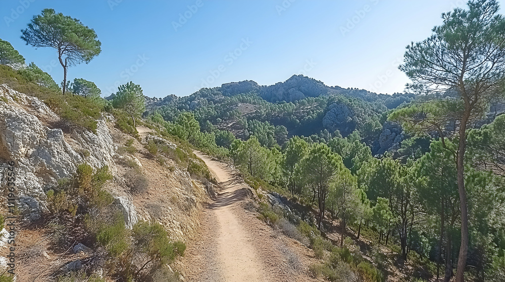 Mountain trail winding through scenic landscape. Mountain trail winding through scenic landscape.