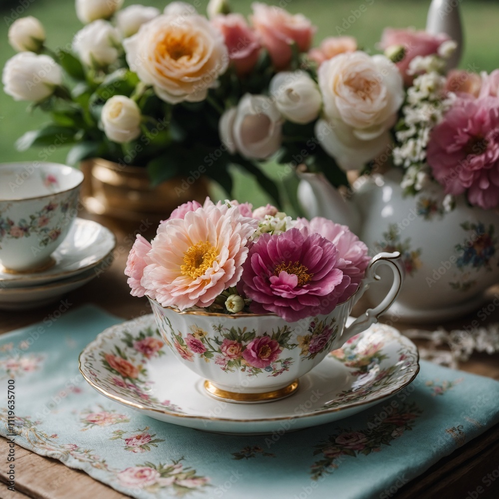 A floral ring displayed on a teacup in a whimsical tea party setting. A floral ring displayed on a teacup in a whimsical tea party setting.