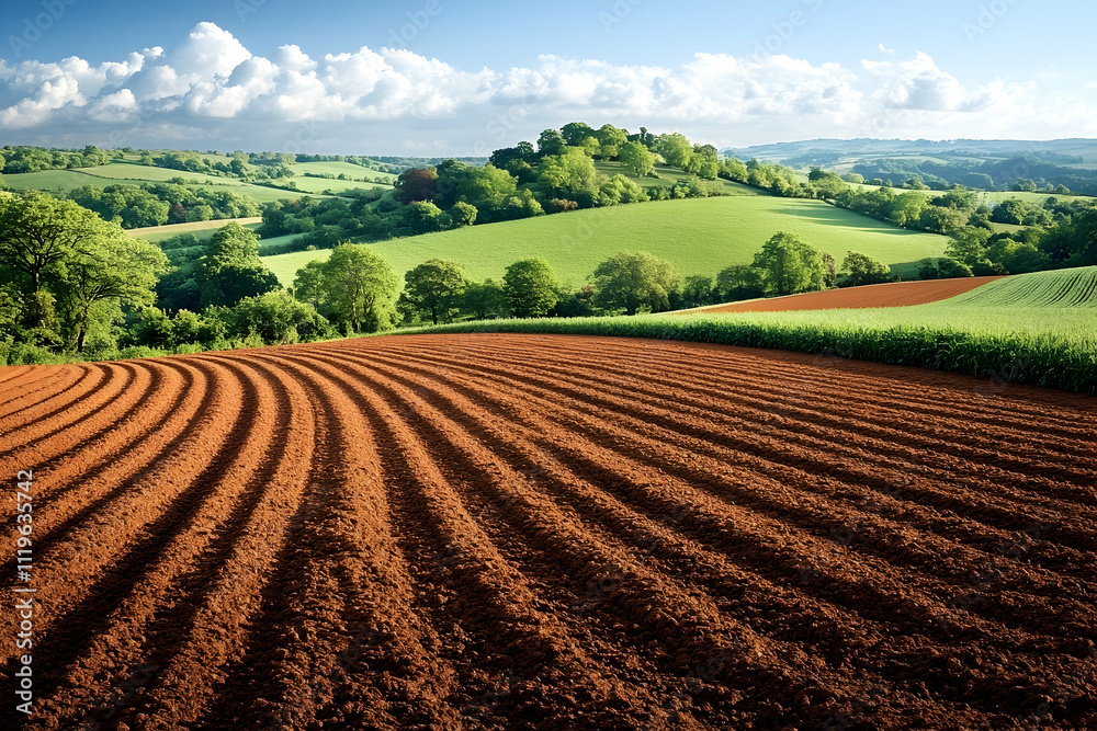 Ploughed field and rolling hills under a vibrant sky. Ploughed field and rolling hills under a vibrant sky.