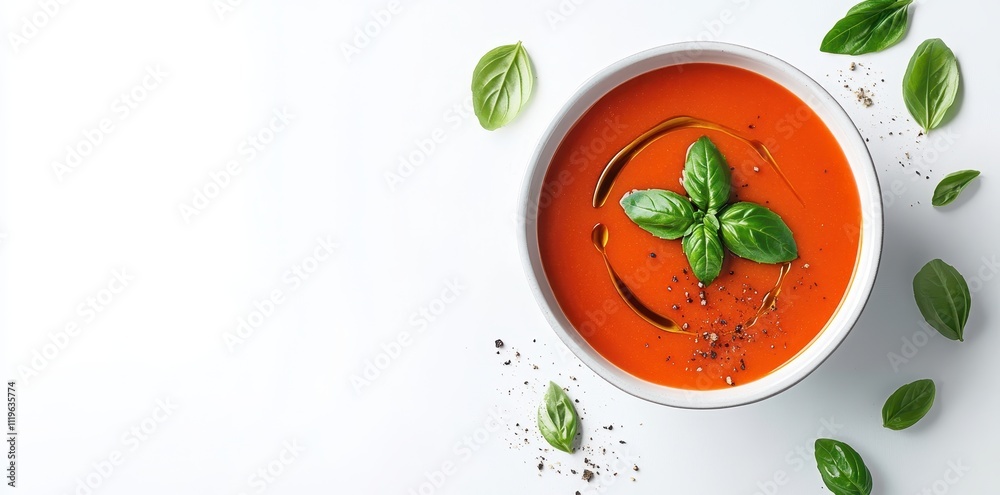 A bowl of tomato soup garnished with basil leaves and olive oil, surrounded by fresh basil. A bowl of tomato soup garnished with basil leaves and olive oil, surrounded by fresh basil.