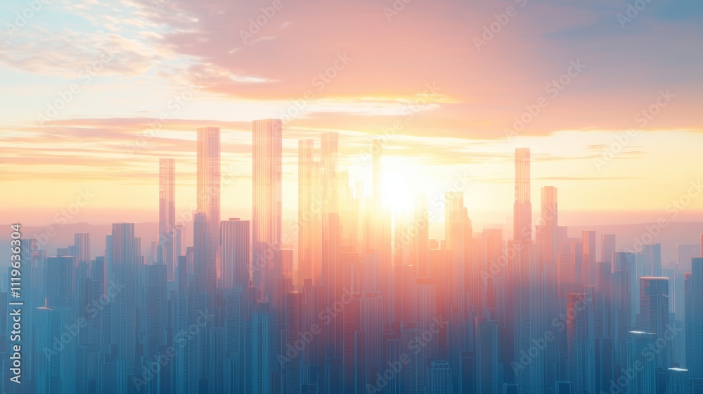 Futuristic Cityscape with Holographic Skyscrapers at Sunset in Vibrant Color Palette Futuristic Cityscape with Holographic Skyscrapers at Sunset in Vibrant Color Palette