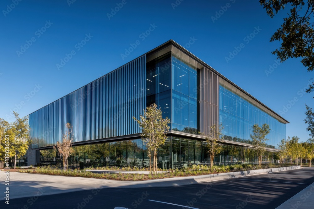 Obraz premium Modern industrial building sleek architecture glass and metal facade