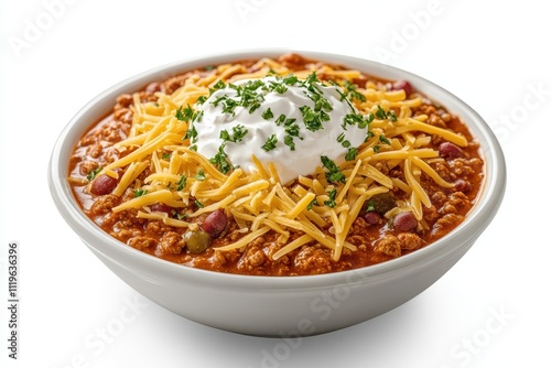 A bowl of chili topped with cheese, sour cream, and herbs, perfect for a hearty meal.