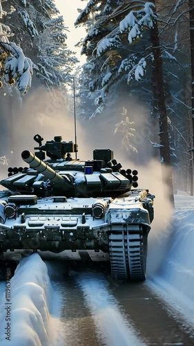 Tank maneuvering through a picturesque snowy forest landscape