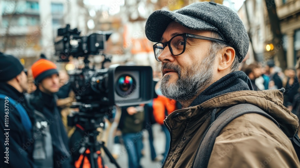 Cameraman filming a city street protest. Cameraman filming a city street protest.