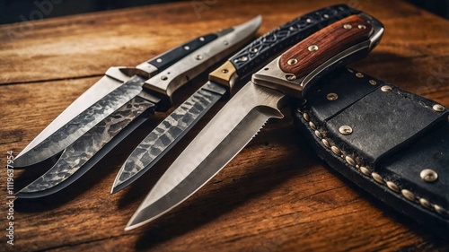 Collection of handcrafted hunting knives with hammered Damascus steel blades and wooden handles displayed on rustic wooden surface. Dramatic lighting highlights detailed metalwork and leather sheath photo