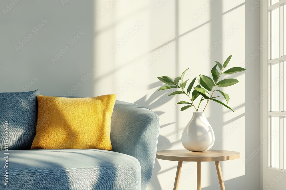 Modern living room interior curved blue sofa bright yellow throw pillows Modern living room interior curved blue sofa bright yellow throw pillows