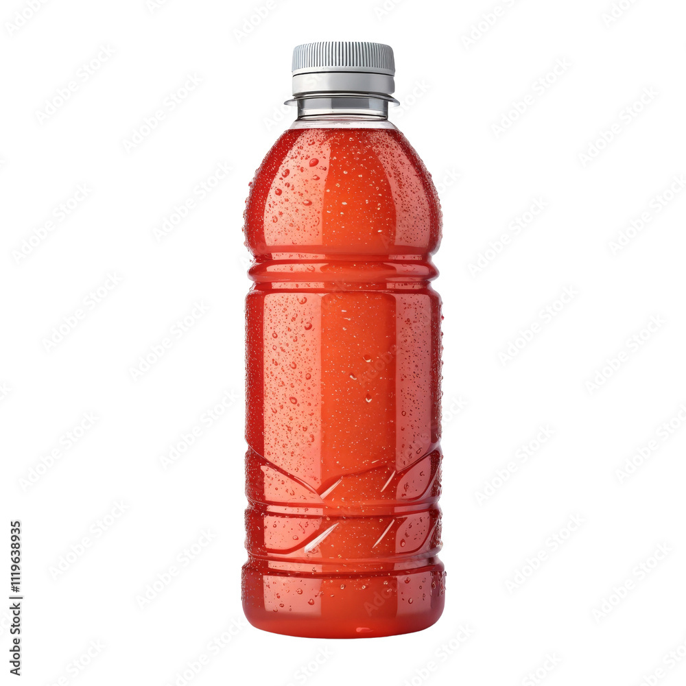 Red Energy Drink Bottle with Water Drops on Surface