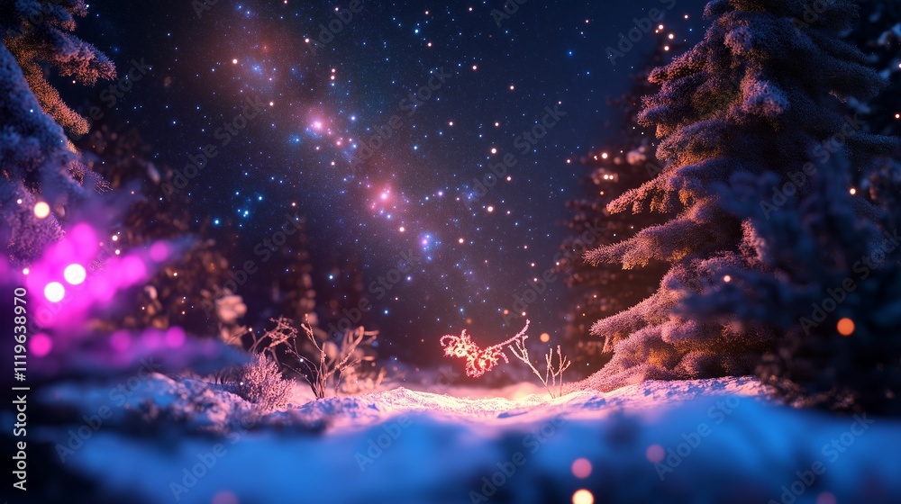 Naklejka premium Winter night landscape with glowing stars and a playful animal in a snowy forest