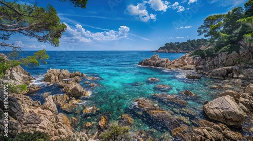 High-end photography of a serene coastal landscape with rocky shores and a clear blue sea