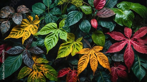Stunning pattern of colorful tropical leaves featuring vibrant yellow, red, and green foliage arranged in artistic composition against dark background. Nature's palette displayed in botanical detail