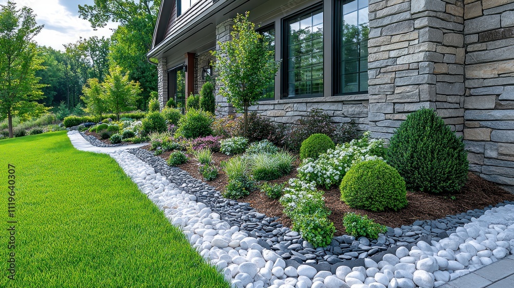 Obraz premium Lush landscaping design featuring diverse plants, stone border, and manicured lawn.