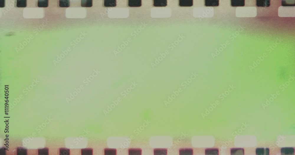 film strip transition, with chroma key green screen background, effect of old film rolling with details, scratches and grain, vintage strip intro