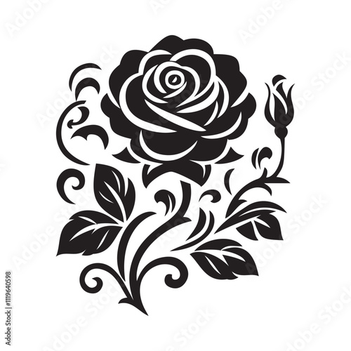 Elegant Black Rose Silhouette with Delicate Petals in Minimalist Design