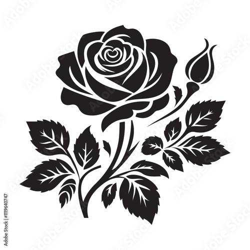 Elegant Black Rose Silhouette with Delicate Petals in Minimalist Design