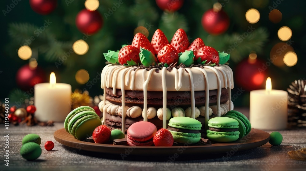 Chirstmas cake and new year celebration with red strawberry, chocolate bar green tea and macarons topping with wreath 3d illustration Chirstmas cake and new year celebration with red strawberry, chocolate bar green tea and macarons topping with wreath 3d illustration