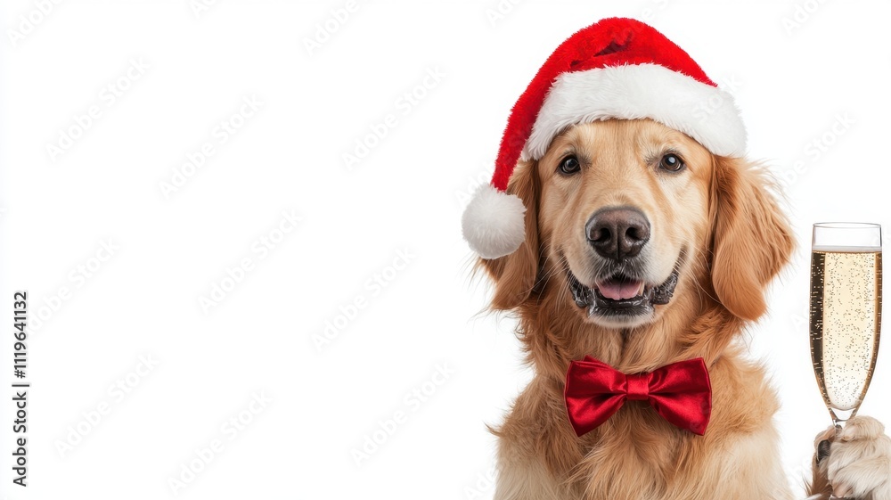 Festive Golden Retriever Dog in Santa Hat Holding Champagne New Year Festive Golden Retriever Dog in Santa Hat Holding Champagne New Year