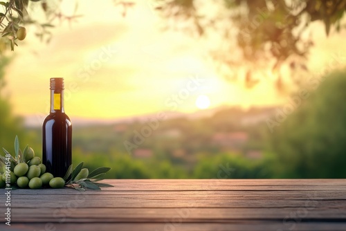 Olive oil bottle and olives on wooden table at sunset over distant hills