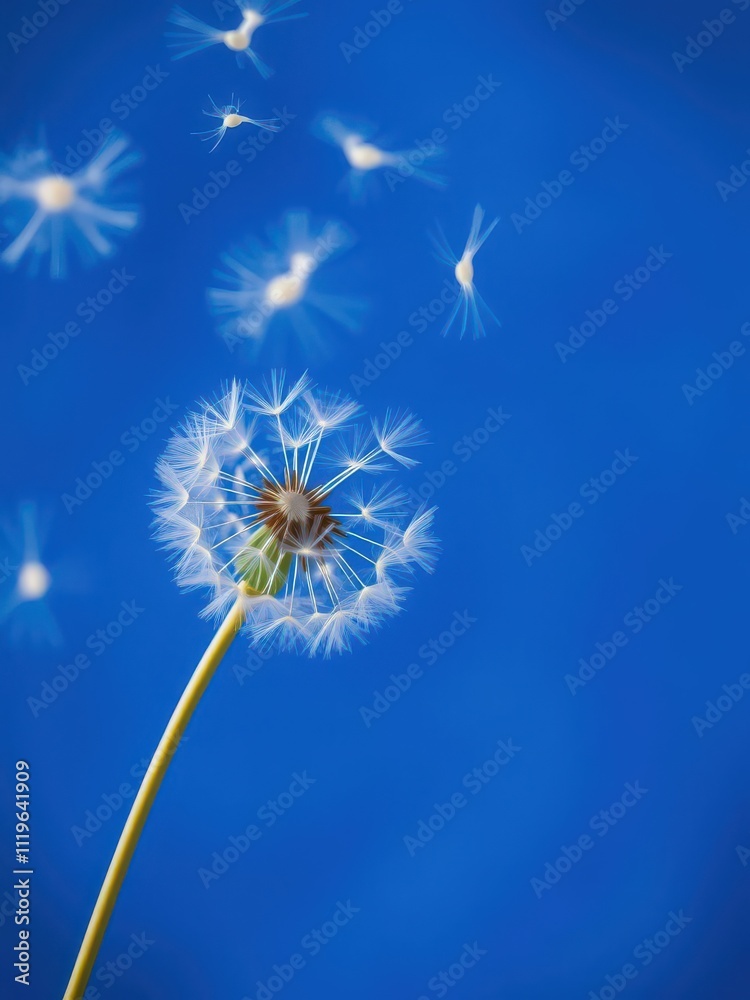 Obraz premium Flying dandelion seeds floating gracefully on a vibrant blue background with soft focus, seeds