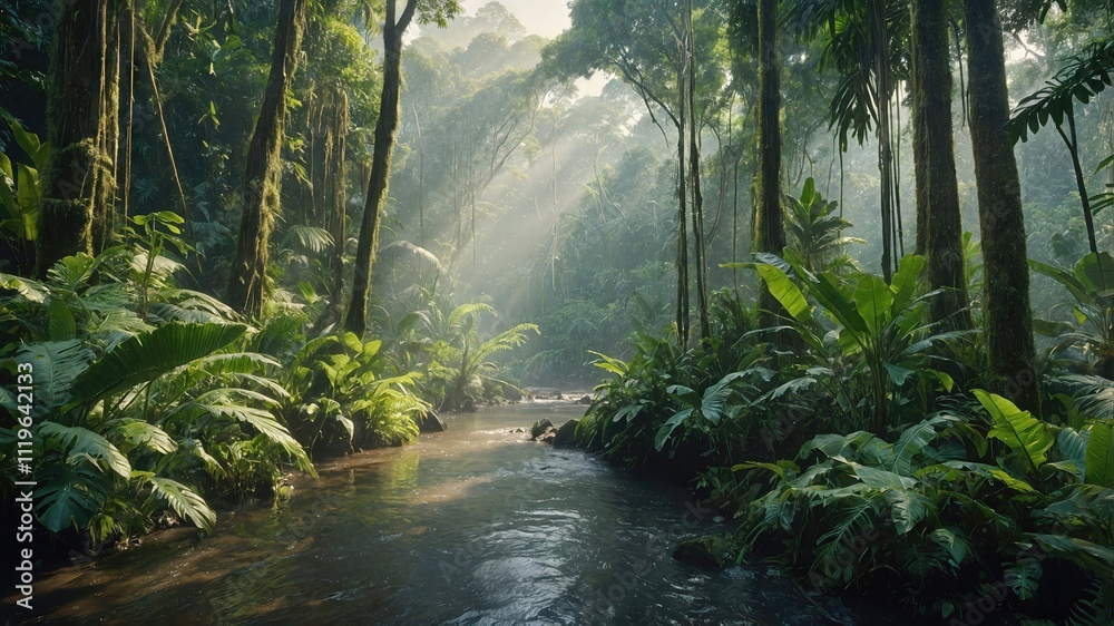 Mesmerizing sunbeams pierce through dense rainforest canopy, illuminating a serene river stream surrounded by lush tropical vegetation. Mist and shadows create magical atmosphere in wilderness Mesmerizing sunbeams pierce through dense rainforest canopy, illuminating a serene river stream surrounded by lush tropical vegetation. Mist and shadows create magical atmosphere in wilderness
